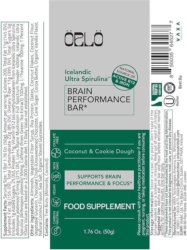 ORLO BRAIN PERFORMANCE BAR – Vegan Protein Bars for Brain & Energy Support – Focus & Memory, Pre & Post Workout Recovery – Gluten Free Snack with L-Theanine, Lions Mane, Spirulina & More (SINGLE BAR)