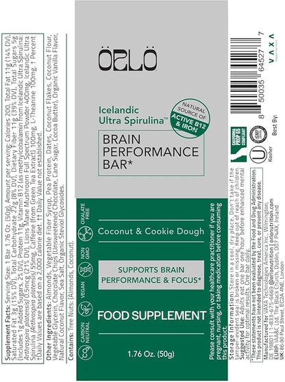 ORLO BRAIN PERFORMANCE BAR – Vegan Protein Bars for Brain & Energy Support – Focus & Memory, Pre & Post Workout Recovery – Gluten Free Snack with L-Theanine, Lions Mane, Spirulina & More (SINGLE BAR)