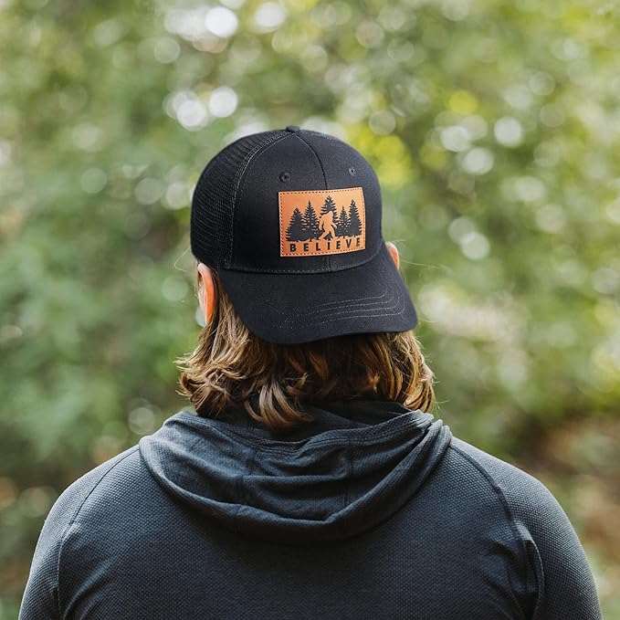 Mesh Bigfoot Hat Leather Cap for Men- Great Snapback Closure Sasquatch Hat for Hunting & Hiking