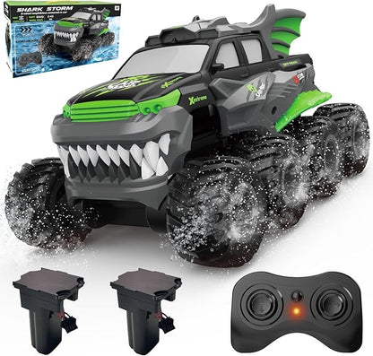 Amphibious Remote Control Car 8WD RC Monster Truck with 2 Rechargeable Batteries for Boys Age 8-12 Offroad Waterproof RC Pickup All Terrain RC Drift Cars Beach Pool Toys Gifts for Kids Green