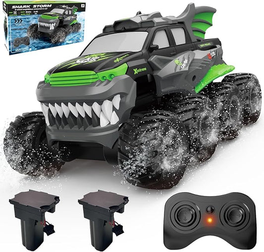 Amphibious Remote Control Car 8WD RC Monster Truck with 2 Rechargeable Batteries for Boys Age 8-12 Offroad Waterproof RC Pickup All Terrain RC Drift Cars Beach Pool Toys Gifts for Kids Green