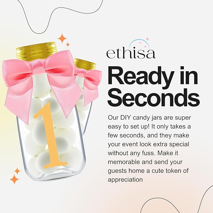 Small 12 Pack 1st Birthday Party Favors for Girls - DIY Candy Jars with Ribbons and Stickers - Baby Girl Party Decoration Bottles for First Birthday Bash - One Year Old Table Centerpieces
