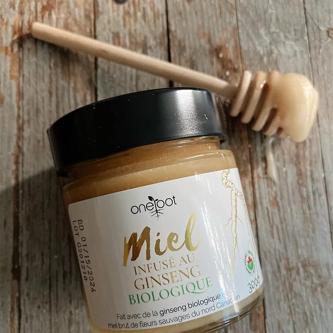 ONEROOT Organic Ginseng Infused Honey 300g (10.6oz) - Infusion of 100% Organic Northern Wildflower Raw Honey and Organic Ontario Ginseng
