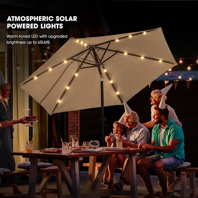 wikiwiki 7.5ft Solar Led Patio Umbrella, Sturdy Outdoor Market Umbrella for Deck, Pool, Garden w/Tilt, Crank, 18 LED Lights, Tan