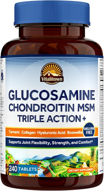 Vitalitown Glucosamine Chondroitin MSM | Triple Action+ Joint Support Supplement | Turmeric, Collagen, Boswellia, Hyaluronic Acid | 12 Ingredients for Joint Health | 240 Tablets, No Shellfish