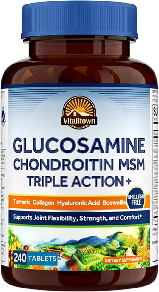 Vitalitown Glucosamine Chondroitin MSM | Triple Action+ Joint Support Supplement | Turmeric, Collagen, Boswellia, Hyaluronic Acid | 12 Ingredients for Joint Health | 240 Tablets, No Shellfish