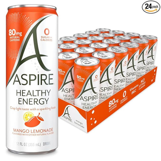 ASPIRE® Mango Lemonade, Healthy Energy Drink with Low Caffeine, No Sugar, Carbs, and Keto Friendly, 24 Pack
