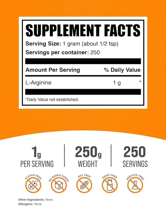 BulkSupplements.com L-Arginine Powder - Arginine 1000mg, Arginine Supplement - Nitric Oxide Supplement, Unflavored & Gluten Free, 1000mg per Serving, 250g (8.8 oz) (Pack of 1)
