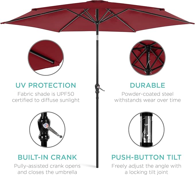 Best Choice Products 10ft Outdoor Steel Polyester Market Patio Umbrella w/Crank, Easy Push Button, Tilt, Table Compatible - Red