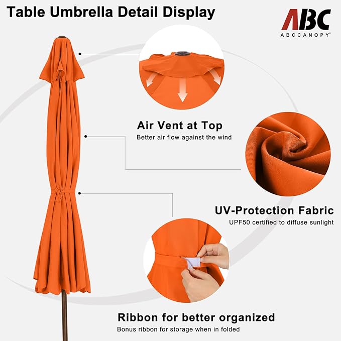 ABCCANOPY Patio Umbrella 9ft Outdoor Table Umbrella with Push Button Tilt and Crank, 8 Ribs Umbrella for Patio Pool Garden Deck (Orange)