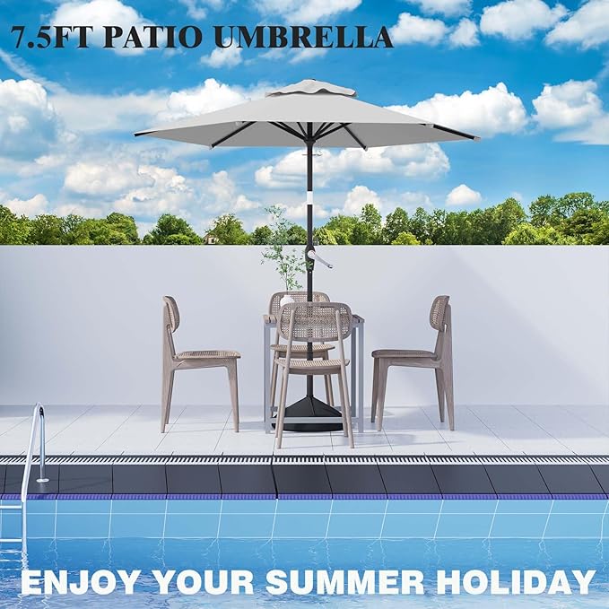 7.5FT Patio Umbrella Table Market Umbrella w/Tilt and Crank Heavy-Duty Round Outdoor Umbrellas for Garden, Deck, Backyard, Pool and Beach, Light Gray