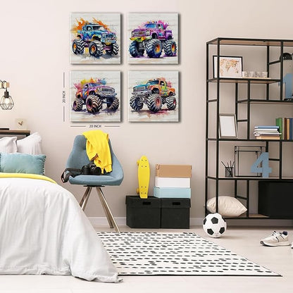 Monster Truck Canvas Wall Art Watercolor Cartoon Car Color Racing Painting Vintage Car Posters Kids Boys Room Wall Decor Trucks Poster for Boy Bedroom Nursery Paintings Children Gifts Framed 20×20"x4