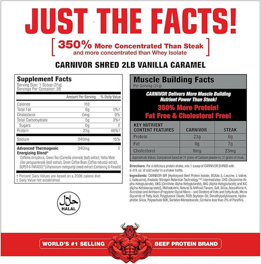MuscleMeds Carnivor Shred Fat Burning Hydrolized Beef Protein Isolate, 0 Lactose, 0 Sugar, 0 Fat, Vanilla Caramel, 2 Pound, 28 Servings