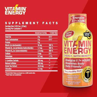 Vitamin Energy Immune+ Extra Strength Energy Shot – Orange Burst – 100% DV B-Vitamins & 260mg Caffeine – Zero Calories, Sugar-Free, Vegan, – Immunity & Energy Support – 1.93 fl oz, 12-Pack