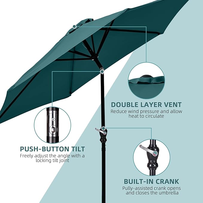 9FT Outdoor Patio Umbrella with Push Button Tilt and Crank, Beach Umbrella for Sun Shades, Market Umbrella with 6 Sturdy Metal Ribs, UV Resistant Waterproof for Garden, Backyard, Deck, Pool