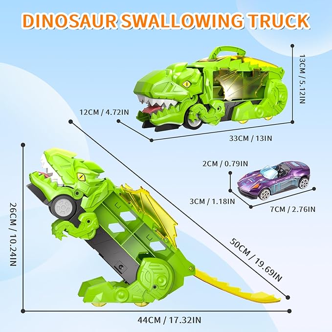 Dinosaur Transport Truck Toys - 9-in-1 Car Carrier & Track Set with 8 Mini Cars, Dino Monster Truck for Kids 3-12, Push & Pull Toy, Race & Storage Gift for Boys Girls (Green)