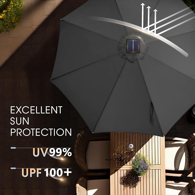 wikiwiki 9ft Solar Led Patio Umbrella, Sturdy Outdoor Market Umbrella for Deck, Pool, Garden w/Tilt, Crank, 32 LED Lights, Dark Gray