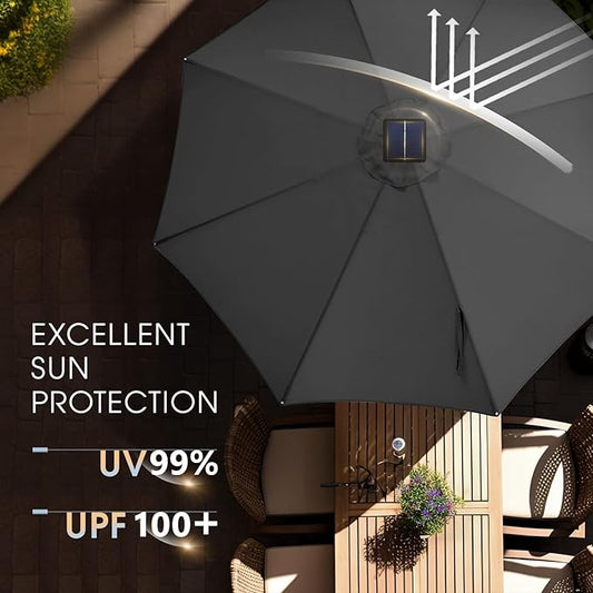 wikiwiki 9ft Solar Led Patio Umbrella, Sturdy Outdoor Market Umbrella for Deck, Pool, Garden w/Tilt, Crank, 32 LED Lights, Dark Gray