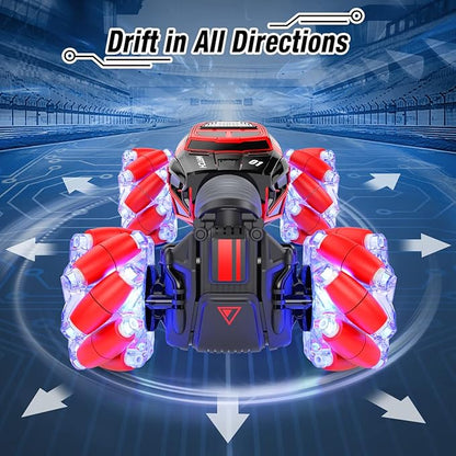 Powerextra Remote Control Car, 4WD 2.4GHz Gesture Sensing Rc Stunt Car, Double Sided 360°Rotating Off Road Car with LED Light & Music, Toy Cars for 6-12 Year Old Boys & Girls - Red