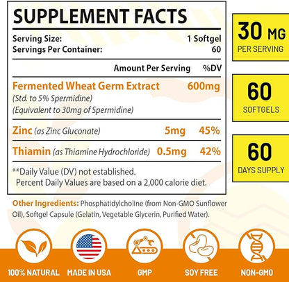 30mg Spermidine Supplement, Liposomal Spermidine, High Absorption, More Potent Than Spermidine 3HCL, Fermented Wheat Germ Extract, Spermidine for Women & Men, Cellular Renewal, Longevity, 180 Softgels