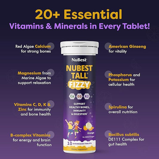 NuBest Tall Fizzy - Bone Strength, Immunity, Digestive Health for Kids & Teens | Probiotic, Calcium, Magnesium from Red Marine Algae, Vitamin D3, K2 & Zinc | 10 Orange Effervescent Tablets - Ages 4+