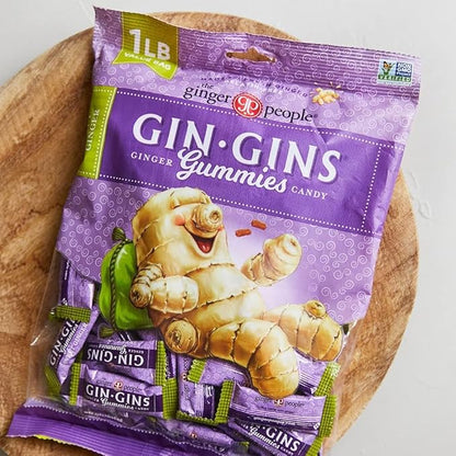 GIN GINS Sweet Ginger Gummies – Natural Fresh Ginger Candy by The Ginger People – Sweet Ginger Gummies Flavor – Large 1 lb Bag (16oz) – Pack of 1