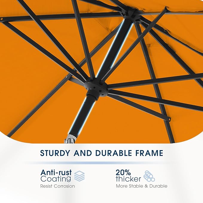 wikiwiki 9 FT Patio Umbrellas Outdoor Table Market Umbrella with Push Button Tilt/Crank, 8 Sturdy Ribs, Fade Resistant Waterproof POLYESTER DTY Canopy for Garden, Lawn, Deck, Backyard & Pool, Orange
