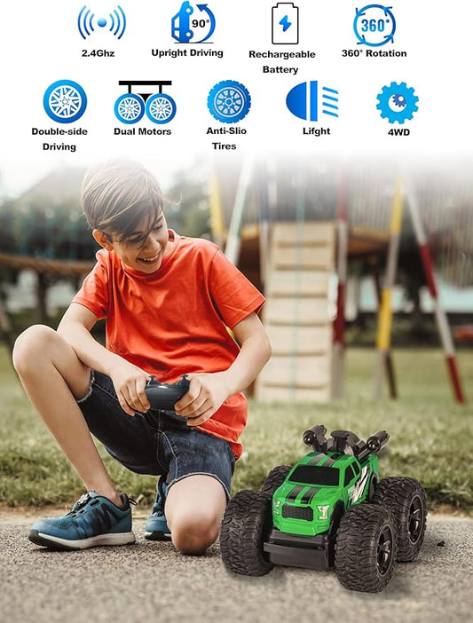 RC Stunt Car, RC Monster Trucks 4x4 Offroad, 4WD 360° Flips Rotating Toys for Boys and Girls, Toddler Remote Control Car with Spray Function, Ideal Birthday for Kids (Green)