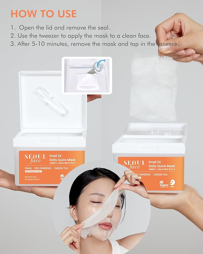 DERMAL Seoul Face Snail 3X Daily Quick Mask 36 Sheet – Korean Skincare Vegan Tencel Facial Masks - Skin Repairing, Anti Aging Face Mask Sheets with Ginseng Root, Green Tea Leaf Extract