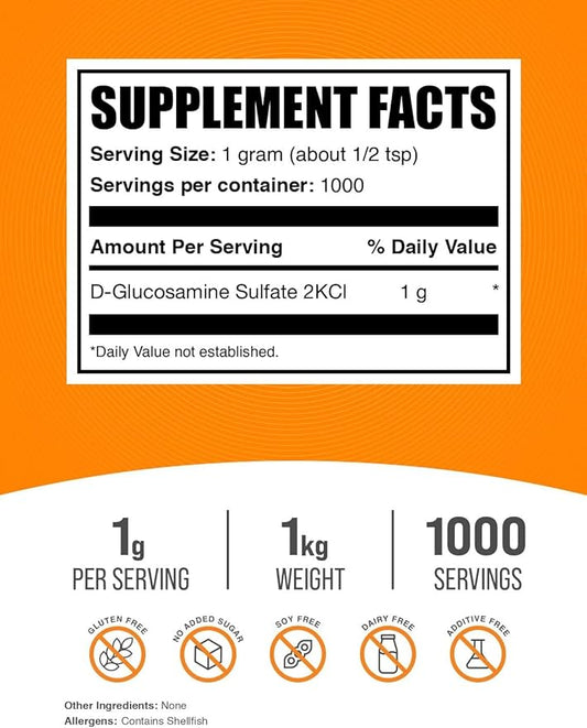 BulkSupplements.com Glucosamine Sulfate Powder - Glucosamine Supplement, Glucosamine Powder - for Joint Support, Gluten Free, 1000mg per Serving, 1kg (2.2 lbs) (Pack of 1)