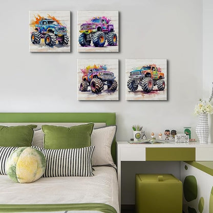 Car Room Decor Monster Truck Canvas Wall Art Framed Boys Room Rustic Farmhouse Cartoon Car Color Racing Vehicle Painting Canvas Prints Garage Playroom Men Bedroom Classroom Home Decoration 16×16" 4Pcs