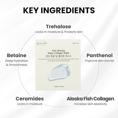 OHMYPURE Hydrogel AntiWrinkle Deep Collagen Face Mask 10 EA Ultimate Hydration, Improves Skin Texture, Affordable Luxury, Glowing Skin, Reduces Fine Lines & Wrinkles, Made in Korea (10, Deep Collagen)
