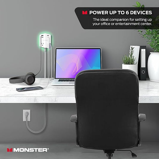Monster Power Shield: Magnetic Wall Outlet Extender, Multiple Plug Outlet with 2 AC Outlets, 3 USB-A Ports, & 1 USB-C Port (20W)