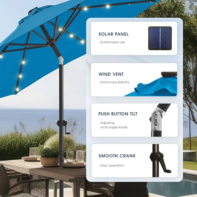 wikiwiki 9ft Solar Led Patio Umbrella, Sturdy Outdoor Market Umbrella for Deck, Pool, Garden w/Tilt, Crank, 32 LED Lights, Royal Blue