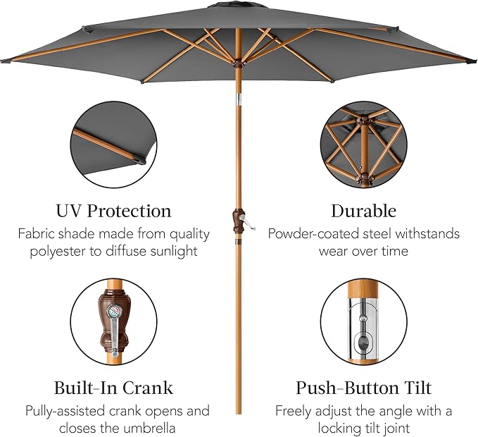Best Choice Products 10ft Market Umbrella, Outdoor Sun Shade for Backyard, Deck, Poolside, Table w/Woodgrain Pattern, Easy Tilt & Crank - Gray