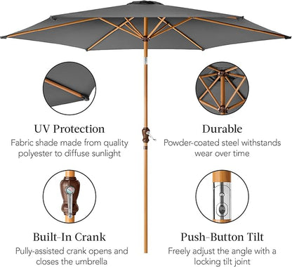 Best Choice Products 10ft Market Umbrella, Outdoor Sun Shade for Backyard, Deck, Poolside, Table w/Woodgrain Pattern, Easy Tilt & Crank - Gray