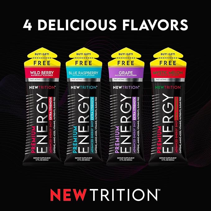 NewTrition Extra Strength Energy Shots, Caffeine Energy Shots with Vitamin B & Amino Acids, Sugar-Free Vitamin Energy Shot, 1.7 fl oz, Blue Raspberry, 12 Count