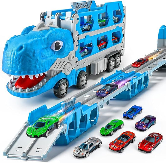 Dinosaur Truck Toys for Boys, Foldable Track Monster Trucks with 6 Mini Alloy Cars - Race Car Toys for Toddlers 2-4, 3-5 Years Transport Carrier for Kids Boys & Girls Play Set