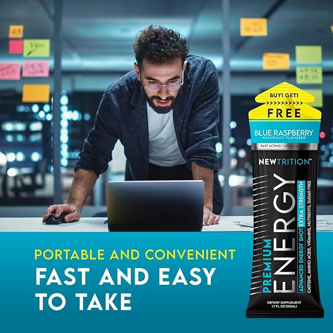 NewTrition Extra Strength Energy Shots, Caffeine Energy Shots with Vitamin B & Amino Acids, Sugar-Free Vitamin Energy Shot, 1.7 fl oz, Blue Raspberry, 12 Count