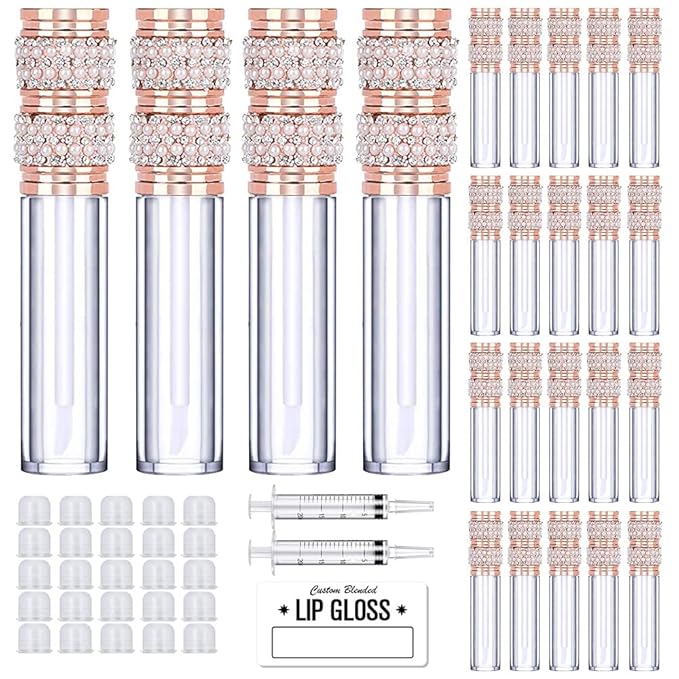 AMORIX 24 Pack Pearl Diamond Lip Gloss Tubes with Wand 5ml Empty Lip Gloss Containers Lipgloss Bottles with Stoppers + 2pcs Syringes for DIY Lip Gloss Balm
