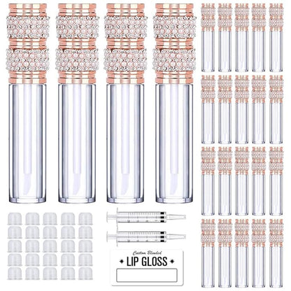 AMORIX 24 Pack Pearl Diamond Lip Gloss Tubes with Wand 5ml Empty Lip Gloss Containers Lipgloss Bottles with Stoppers + 2pcs Syringes for DIY Lip Gloss Balm