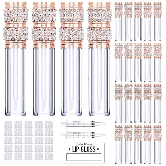 AMORIX 24 Pack Pearl Diamond Lip Gloss Tubes with Wand 5ml Empty Lip Gloss Containers Lipgloss Bottles with Stoppers + 2pcs Syringes for DIY Lip Gloss Balm