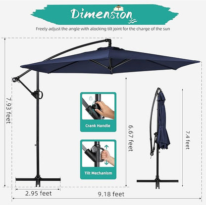 Shintenchi Patio Offset Umbrella with Easy Tilt Adjustment, Crank and Cross Base, Outdoor Cantilever Hanging Umbrella, Sunshade Canopy, Navy Blue
