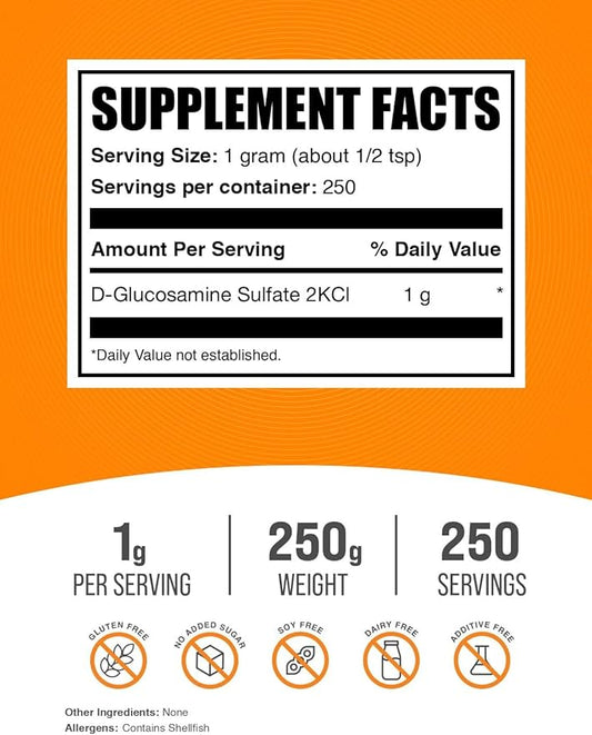 BulkSupplements.com Glucosamine Sulfate Powder - Glucosamine Supplement, Glucosamine Powder - for Joint Support, Gluten Free, 1000mg per Serving, 250g (8.8 oz) (Pack of 1)