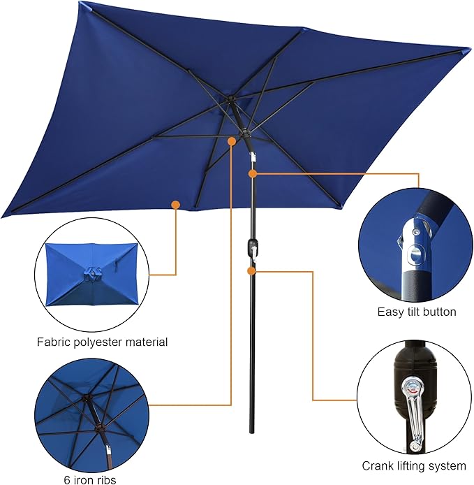 Blissun Rectangular Patio Umbrella, Table Market Umbrella with Tilt and Crank, Outdoor Umbrella for Garden, Deck, Backyard, Pool and Beach