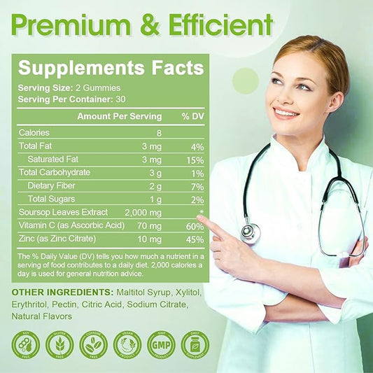 2000mg Natural Soursop Graviola Gummies Supplement, Original Soursop Leaves Extract with Vitamins C & Zinc for Women & Men, Multivitamin Soursop Fruit Supplement for Immunity & Antioxidant & Energy