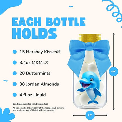 Small 12 Pack Dolphin Party Favors - DIY Candy Jars with Ribbons and Stickers - Party Decoration Bottles for Birthday, School Classroom, and Baby Shower - Dolphin Table Centerpiece for Kids