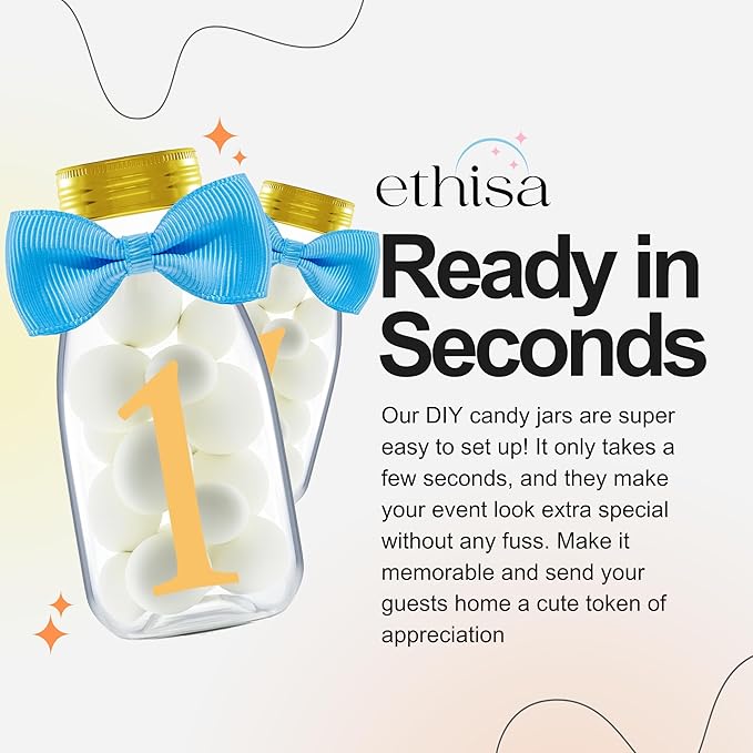 Small 12 Pack 1st Birthday Party Favors for Boys - DIY Candy Jars with Ribbons and Stickers - Baby Boy Party Decoration Bottles for First Birthday Bash - One Year Old Table Centerpieces
