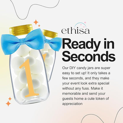 Small 12 Pack 1st Birthday Party Favors for Boys - DIY Candy Jars with Ribbons and Stickers - Baby Boy Party Decoration Bottles for First Birthday Bash - One Year Old Table Centerpieces