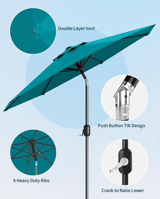 10FT Patio Umbrella Outdoor, Market Umbrella, Table Umbrella with Push Button Tilt and Crank, 8 Sturdy Ribs UV Protection Waterproof for Garden, Pool, Deck, Backyard (Turquoise Blue)